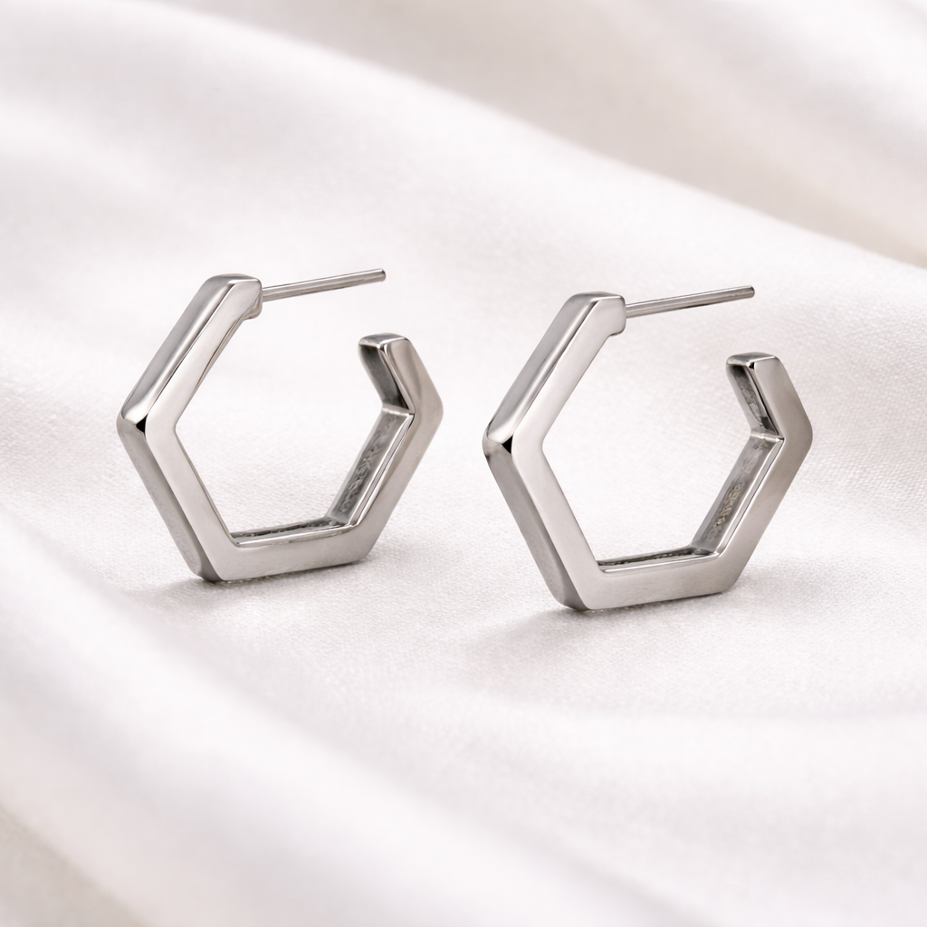 Sleek Hexagon Platinum Stud Earrings - HARMA