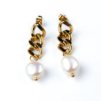 Curb Chain Link Pearl Stud Earrings - HARMA